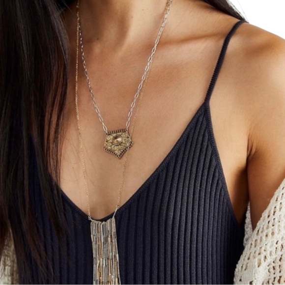 Free People Western Bohemian Passenger Chain Fringe Layered Necklace Silver Gold - Picture 4 of 9